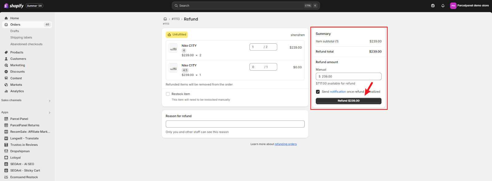 Shopify partial refund