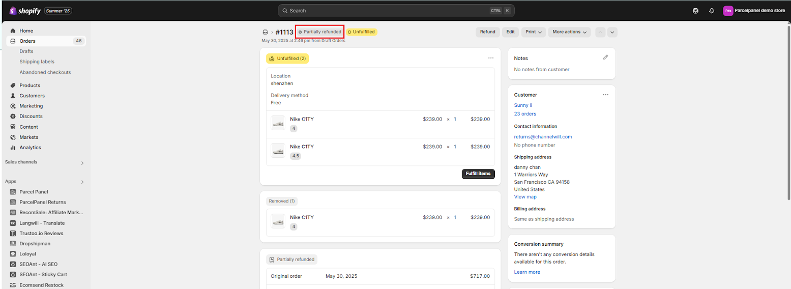 shopify partial refund