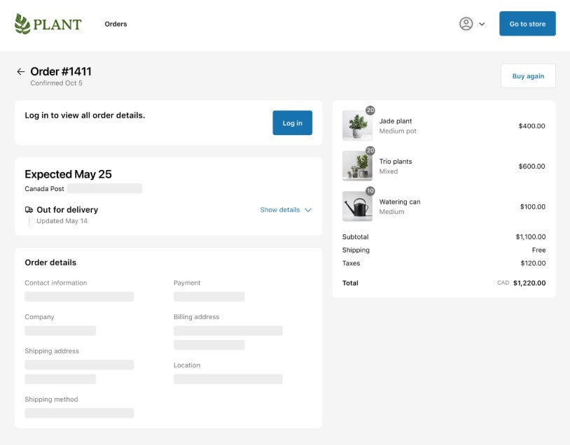 Sample Shopify order status page from Shopify.dev